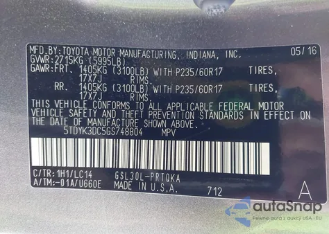 2016 Toyota Sienna Xle 8 Passenger z USA, uszkodzony, nr VIN 5TDYK3DC5GS748804